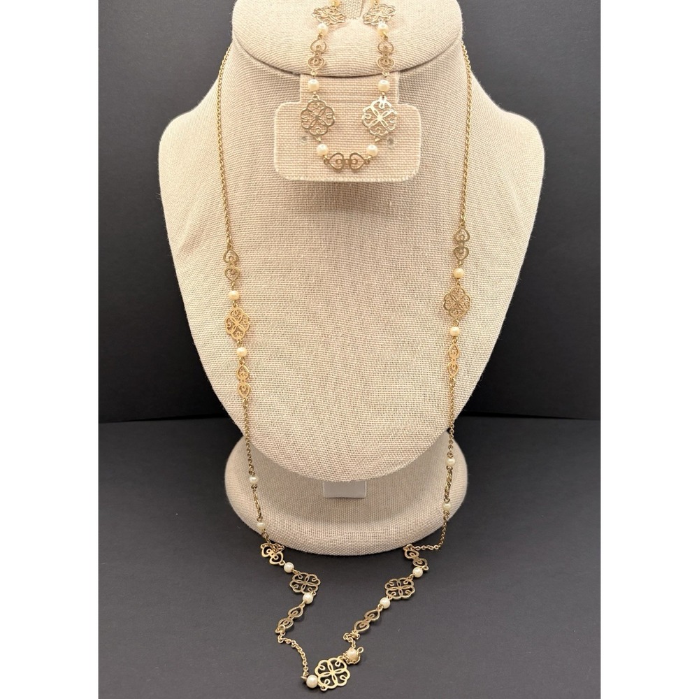 Vintage Avon Clover Floral Filigree Faux Pearls Gold‎ Tone Necklace Bracelet Set